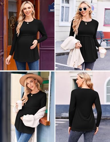 Ekouaer Maternity Shirts 3 Pack Pleated Long Sleeve Tops Pregnancy Clothes - color: Black/Light Grey/Khaki, size: Medium