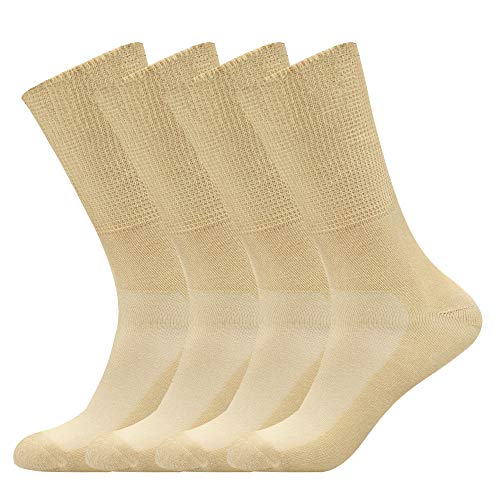 Busy Socks 4 Pack Crew Thin Non Binding Top Diabetic Socks for Men Women - color: 4 Pairs Beige, size: Medium