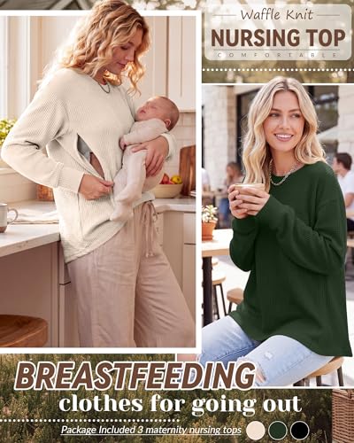 Oakgarden 3 Pack Women's Oversized Nursing Tops - color: Cream White, Army Green, Black, size: Small