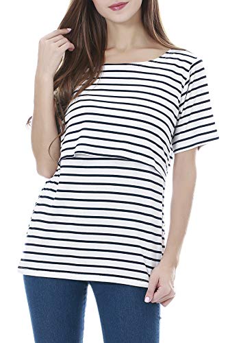 Smallshow Women's Maternity Nursing Tops Short Sleeve Breastfeeding Clothes - color: White Stripe/Black/Grey(3 Pack), size: Medium