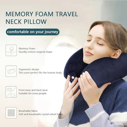 Neck Pillow Airplane Memory Foam Travel Pillows, Dark Blue - color: Dark Blue