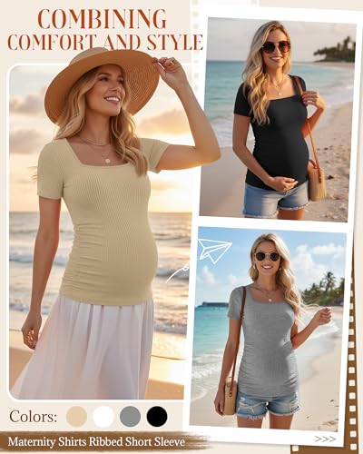 Huukeay 4 Pack Women's Short Sleeve Maternity Shirts - color: Black, Heather Gray, White, Light Khaki, size: Large