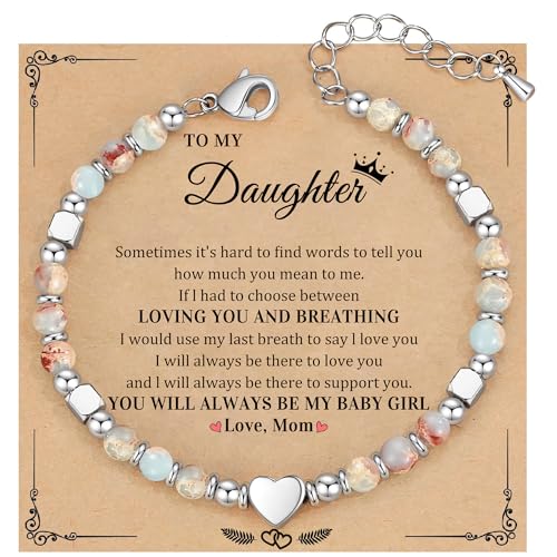 Christmas Gift for Women, Beaded Bracelets for Women Teen Girl Gifts Stocking Stuffers for Her Adjustable Nature Stone Bead Bracelet with Heart Birthday Jewelry Grandma Daughter Granddaughter Mom - color: Colorful- Dautghter2