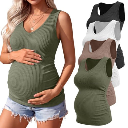 4 Pack Women's Maternity Pregnancy Tanks - color: Gray Green, Coffee, White, Black, size: Small