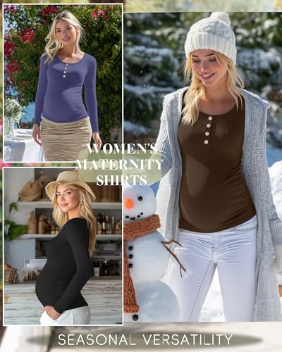 4 Pack Maternity Long Sleeve Shirts Pregnancy Tops - color: Black, Coffee, Dark Blue, Teal, size: X-Large