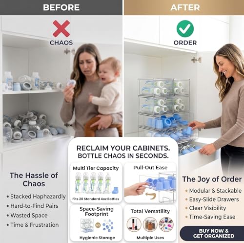 6-Pack Stackable Storage Drawers with Labels - Clear PET Pull-Out Organizer Bins for Pantry, Bathroom, Vanity, Cabinet, Countertop | Baby Bottle Organizer