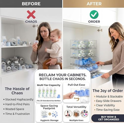 6-Pack Stackable Storage Drawers with Labels - Clear PET Pull-Out Organizer Bins for Pantry, Bathroom, Vanity, Cabinet, Countertop | Baby Bottle Organizer