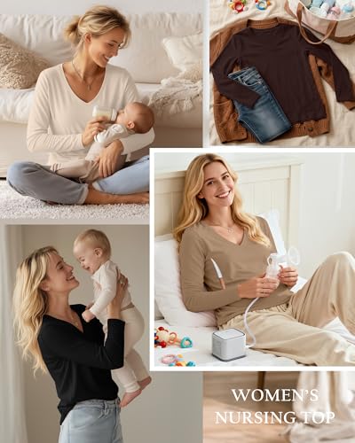 4 Pack Women's Long Sleeve Nursing Maternity Shirts - color: Black, Brown, Khaki, Apricot, size: Large