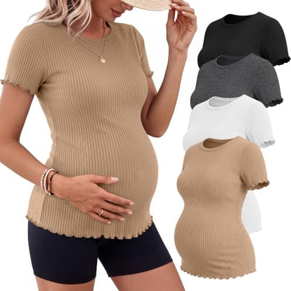 Riyiper 4 Pack Maternity Ribbed Knit Shirts for - color: Khaki, White, Dark Gray, Black, size: Small
