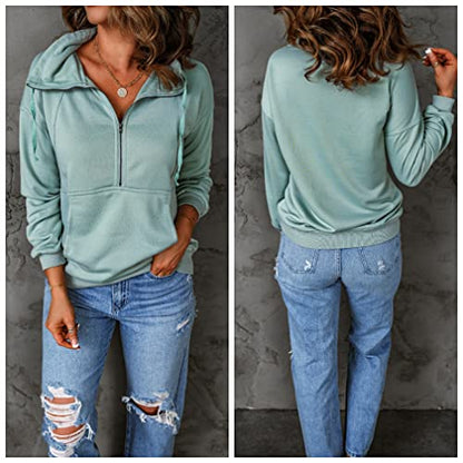 PRETTYGARDEN Women's Casual Long Sleeve Sweatshirt Half Zip Pullover Tops - color: Green, size: Large
