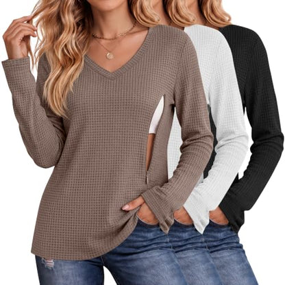 Huukeay 3 Pack Women's Long Sleeve Nursing Breastfeeding Shirts - color: Coffee, White, Black, size: Medium