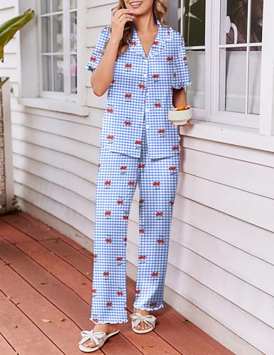 Ekouaer Womens Pajama Sets Short Sleeve Printed PJs Button Down Sleepwear - color: Cherry Small Grid, size: Large