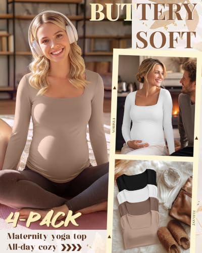 4 Pcs Womens Maternity Long Sleeve Square Neck Shirts - color: Khaki, Coffee, White, Black, size: Small