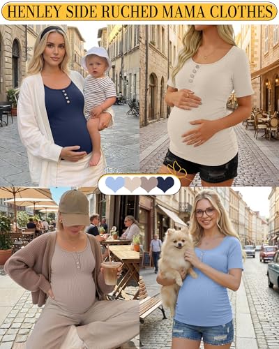 4 Pack Maternity Shirts for Women - color: Blue, Apricot, Mocha, Navy Blue, size: Large