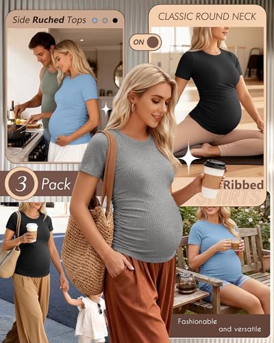 Ficerd 3 Pack Women's Short Sleeve Maternity Shirts - color: Black, Light Heather Gray, Sky Blue, size: X-Large