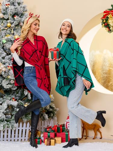 Moss Rose Women Shawl Wrap Poncho Open Front Cardigan Shawl for Fall Winter - color: Green&black, size: One Size
