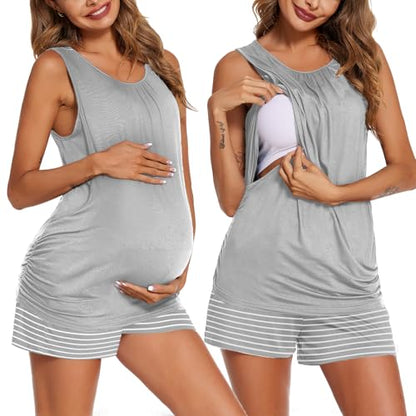 Ekouaer Nursing Pajamas Set Postpartum Tank Tops and Shorts - color: Light Grey Stripe, size: Medium