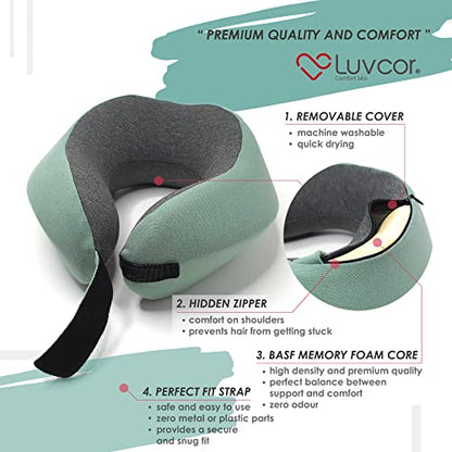 Premium Quality Memory Foam Travel Neck Pillow Bundle - Best Ergonomic Pillow for Airplane Travel, car Ride, Sleeping. Comes with Eye mask, earplugs and Storage Bag. (Imperial Green)