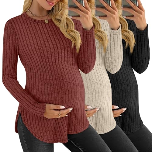 3 Pack Maternity Shirts Pregnancy Sweaters Tunic Tops - color: Brick Red, Apricot, Black, size: Medium