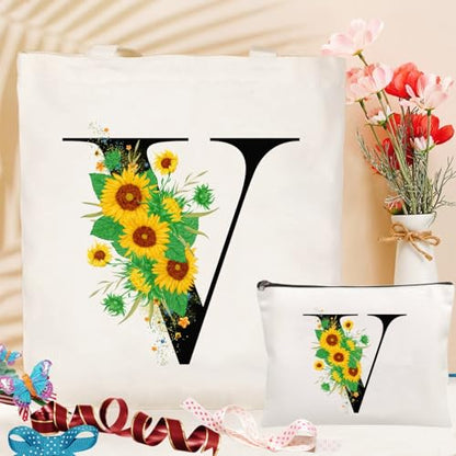 Andeiltech Initial Canvas Tote Bag Sunflower Letter Personalized Makeup Bag Monogrammed Gift for Bridesmaids Birthday Wedding - color: Sunflower Letter_v