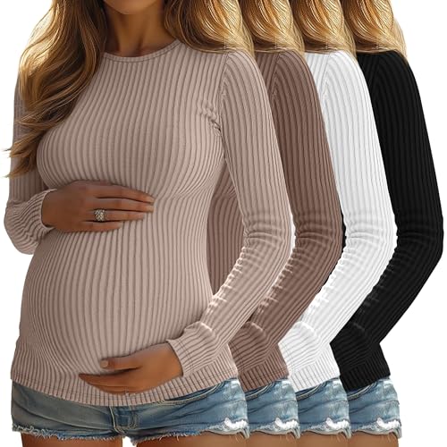 4 Pack Womens Ribbed Maternity Shirts Slim Fit Tops - color: Latte, Coffee, White, Black, size: Large