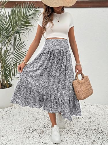 OYOANGLE Women's Maternity Skirt Boho Floral Midi Skirt Pregnancy Skirt - color: Black and White, size: Medium