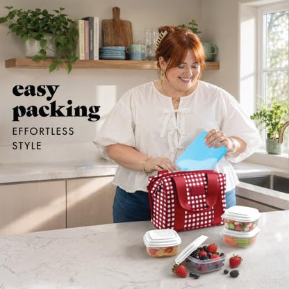 Fit & Fresh Remi Neoprene Lunch Bag for Women w/Ice Pack & Containers - color: Red Gingham, size: One Size