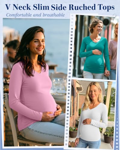 Neer 4 Pack Maternity Long Sleeve V Neck Under Scrub Tops - color: Black, White, Lake Green, Light Pink, size: Small