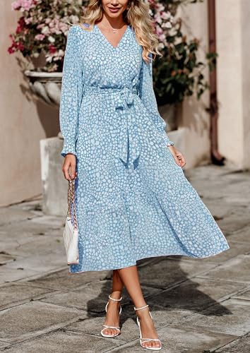 PRETTYGARDEN Womens Long Sleeve Boho Maxi Fall Floral Wedding Guest Dresses - color: Dark Blue, size: Medium