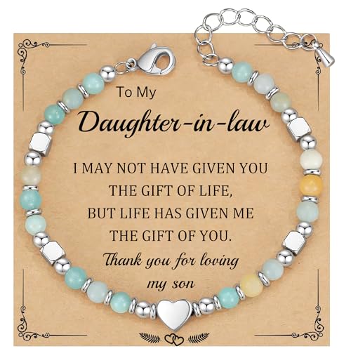 Christmas Gift for Women, Beaded Bracelets for Women Teen Girl Gifts Stocking Stuffers for Her Adjustable Nature Stone Bead Bracelet with Heart Birthday Jewelry Grandma Daughter Granddaughter Mom - color: Amazonite- Daughter in law