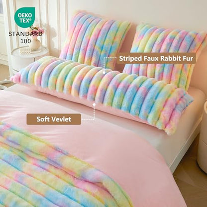 MEGO Fluffy Faux Rabbit Fur Ribbed Body Pillow Cover 20x54, Rainbow - color: Rainbow