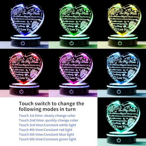 Mom Crystal Heart Keepsake with LED Base, Laser Engraved Love Message Gift - color: Mom Gift