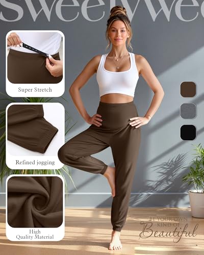 3 Pack Women's Maternity Jogger Pregnancy Sweatpants - color: Brown, Dark Gray, Black, size: Medium