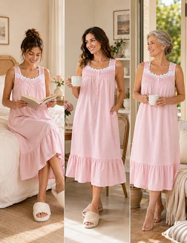 Viakeo 100% Cotton Nightgown for Women - color: Pink, size: Small