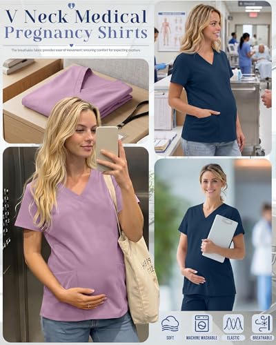 Neer 2 Pack Maternity Scrub Tops for Women - color: Light Pink, Dark Blue, size: Small