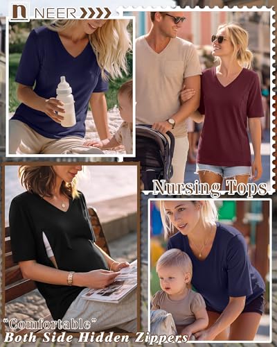 Neer 3 Pack Women's Nursing Shirts Breastfeeding Tops - color: Burgundy, Navy Blue, Black, size: Small
