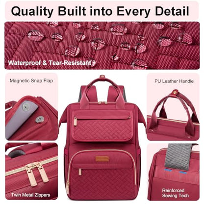 Lunch Backpack For Women, 15.6 Inch Laptop Backpack with Lunchbox - color: Winered