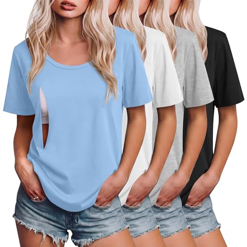Ficerd 4 Pack Women's Maternity Nursing Shirts - color: Sky Blue, White, Light Gray, Black, size: XX-Large