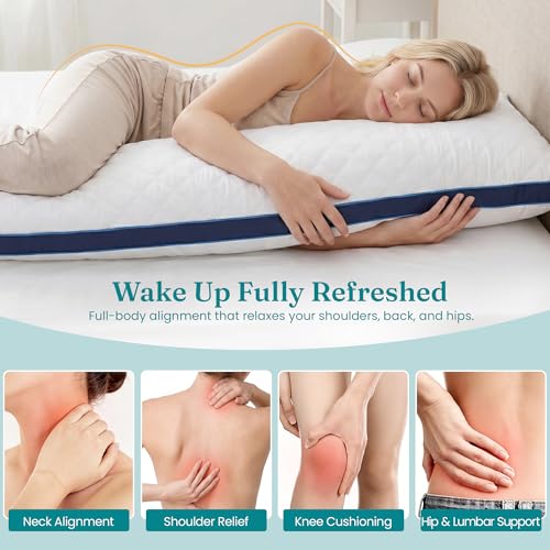Oubonun Full Body Pillow for Side Sleeper, Adjustable Firm Long Bed Pillow - color: White-navy Blue Side