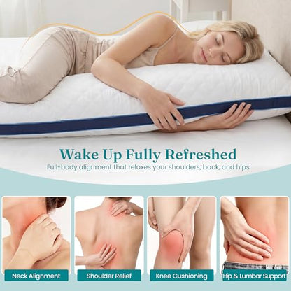 Oubonun Full Body Pillow for Side Sleeper, Adjustable Firm Long Bed Pillow - color: White-navy Blue Side