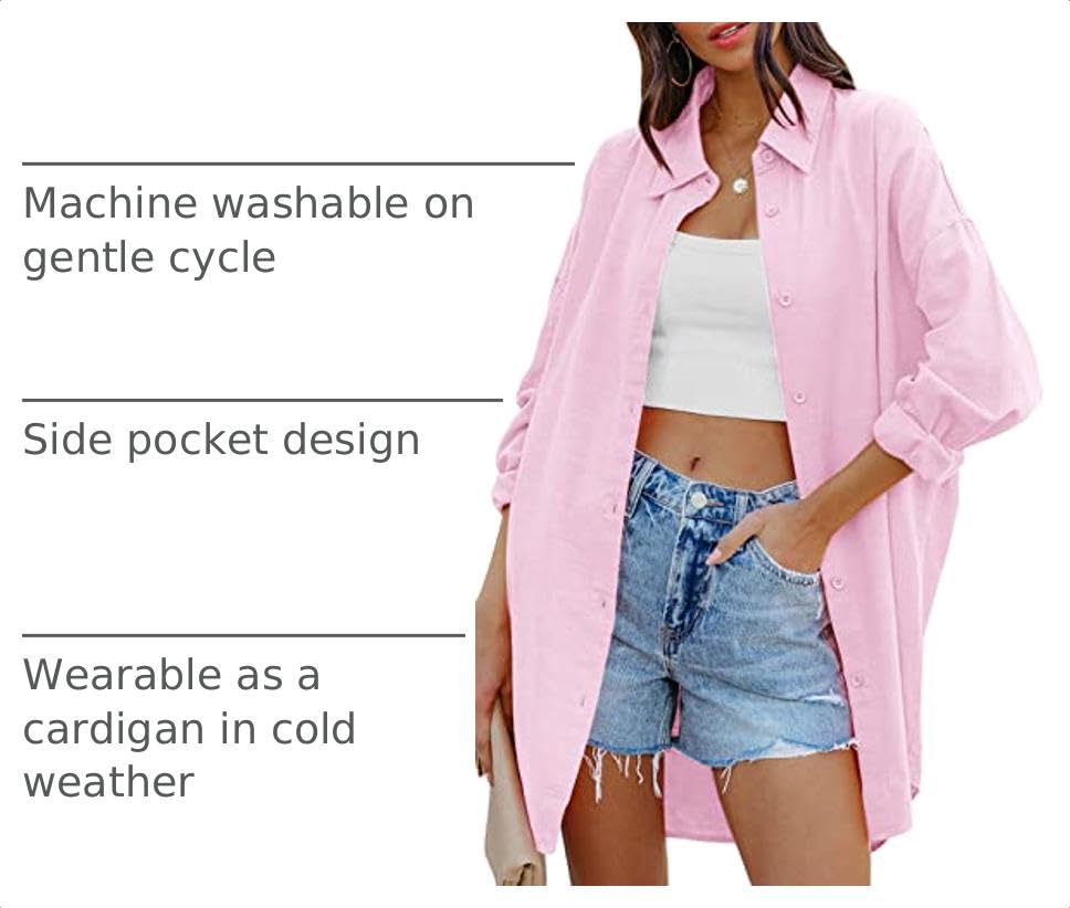 FSHAOES Womens Oversized Button Down Shirts Casual Loose Long Sleeve Solid Lapel Long Blouses Tops with Pockets - color: 05-light Pink, size: X-Large