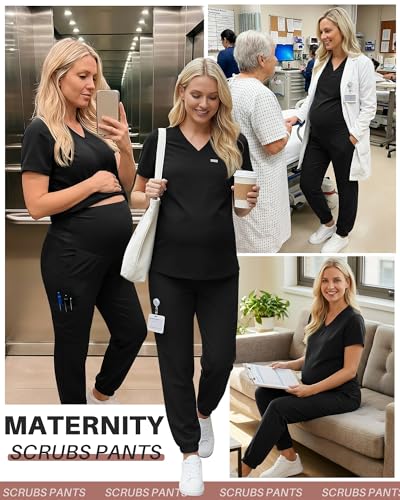 Oakgarden 2 Pack Women's Maternity Scrub Pants Pregnancy Scrubs - color: Black, Black, size: Small