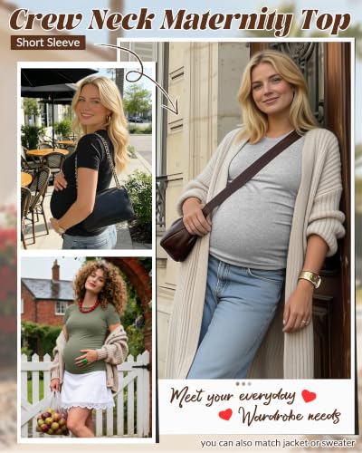 Huukeay 4 Pack Women's Short Sleeve Maternity Tops - color: Black, Army Green, Light Heather Gray, White, size: Small