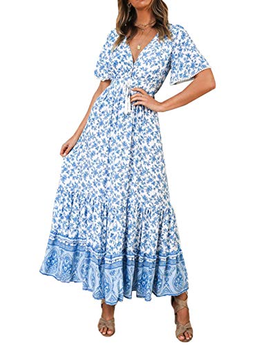 R.Vivimos Womens Summer V Neck Floral Print Boho Midi Dress - color: White, size: X-Large