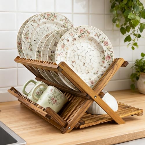 Utoplike Large Teak Dish Drying Rack, Wood Collapsible Organizer for Plates - size: 3 Tier-Large