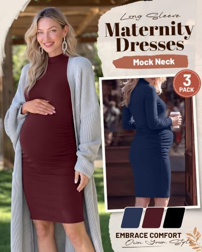 3 Pack Women's Maternity Dresses Long Sleeve Dresses - color: Black, Wine Red, Navy Blue, size: XX-Large