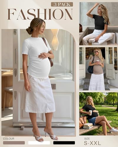 3 Pack Women's Ribbed Maternity Tops - color: Latte, White, Black, size: Large
