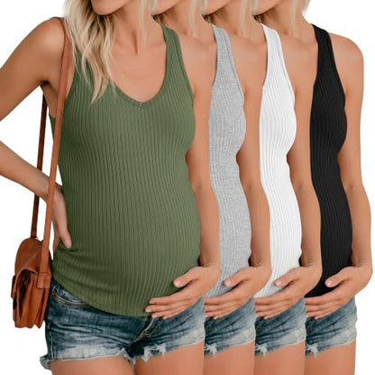 Neer 4 Pack Maternity Ribbed Tank Tops - color: Army Green, Light Heather Gray, White, Black, size: Medium