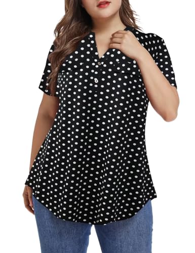 MONNURO Womens Plus Size Tops Button Down Tunic Plaid Shirts Casual Blouses - color: Black Polka Dot, size: 5X