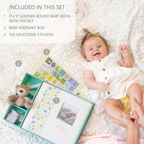 Keepsake Baby Memory Book With Box - Timeless Leather-Bound Milestone Book | Photo Memory Box to Record Baby Shower to Age 5 - Beautiful Gift for Girls and Boys - style: Baby Book with Keepsake Box